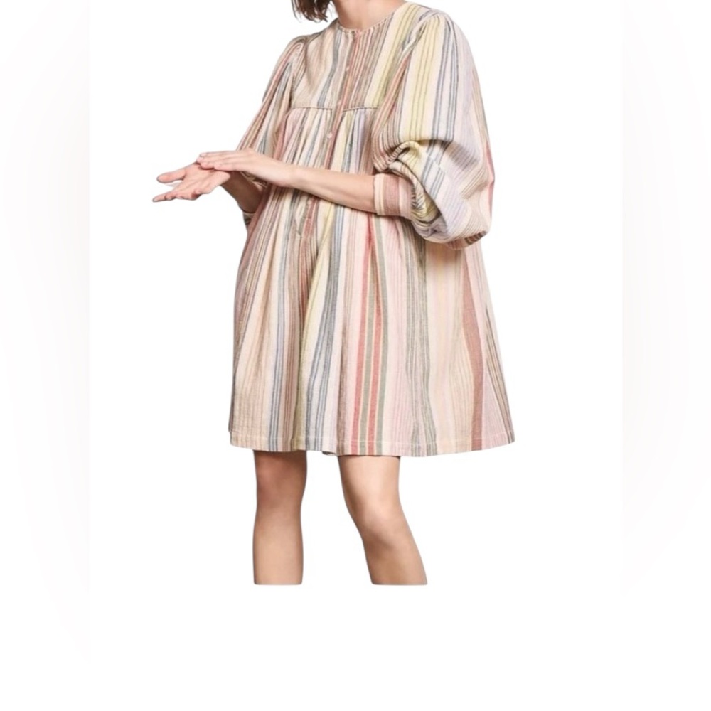 Antik Batik Casey Cotton Gauze Stripe Long Sleeve Yoked Henley Dress